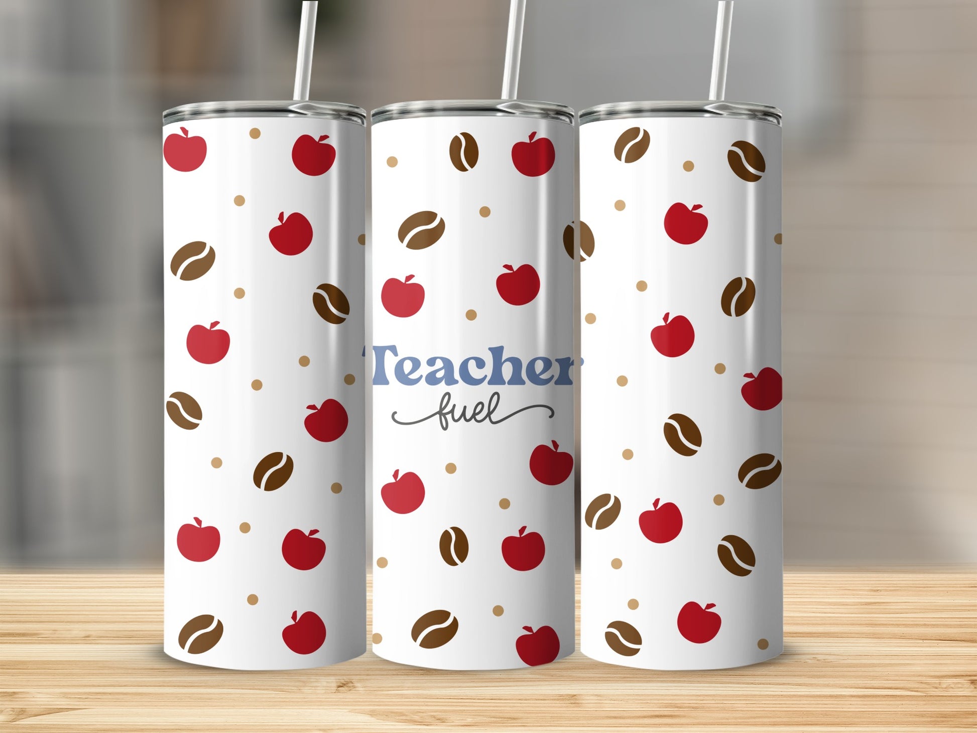 Teacher fuel tumbler with apples and coffee beans.