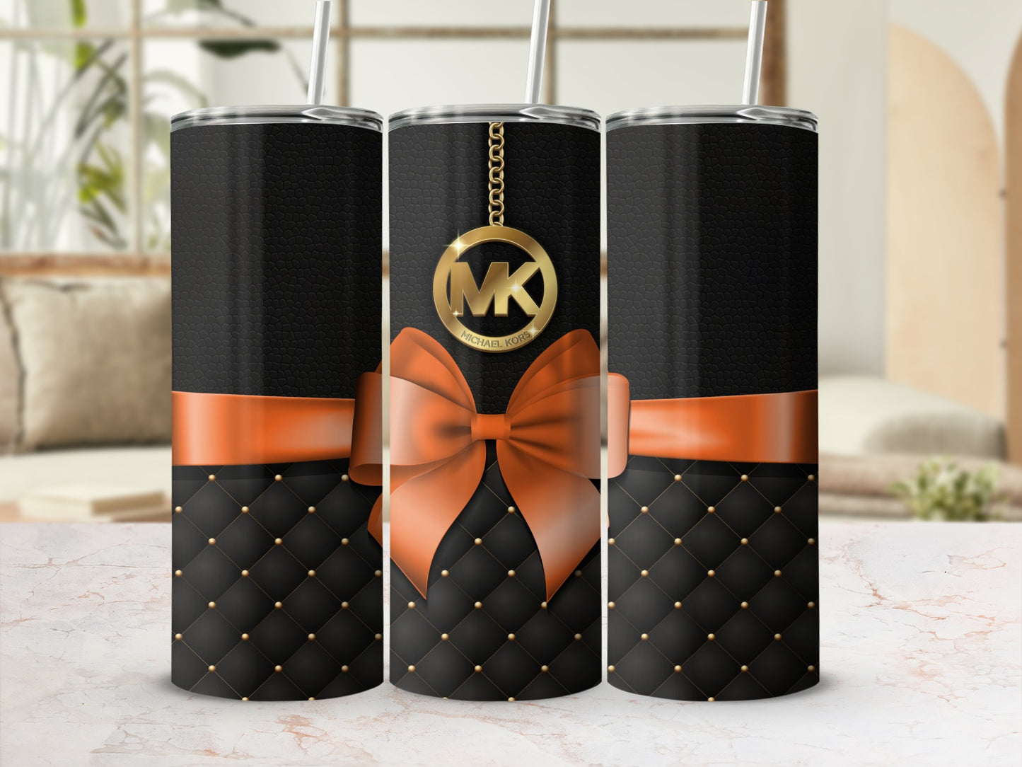 Black and Orange Patterned Tumbler with Bow Design