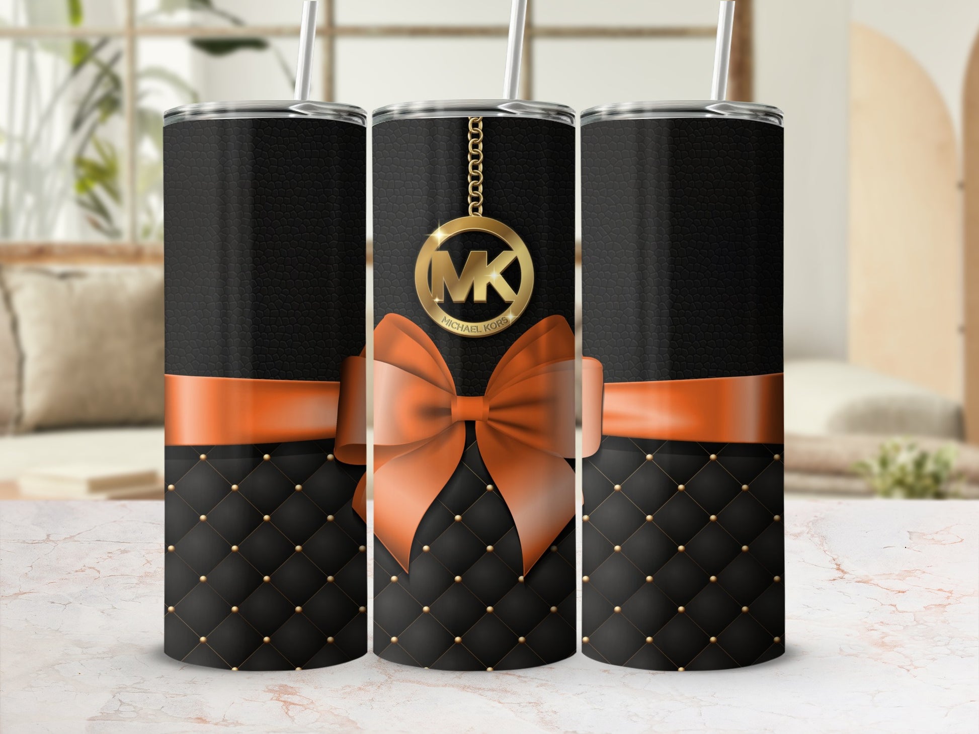 Black and Orange Patterned Tumbler with Bow Design