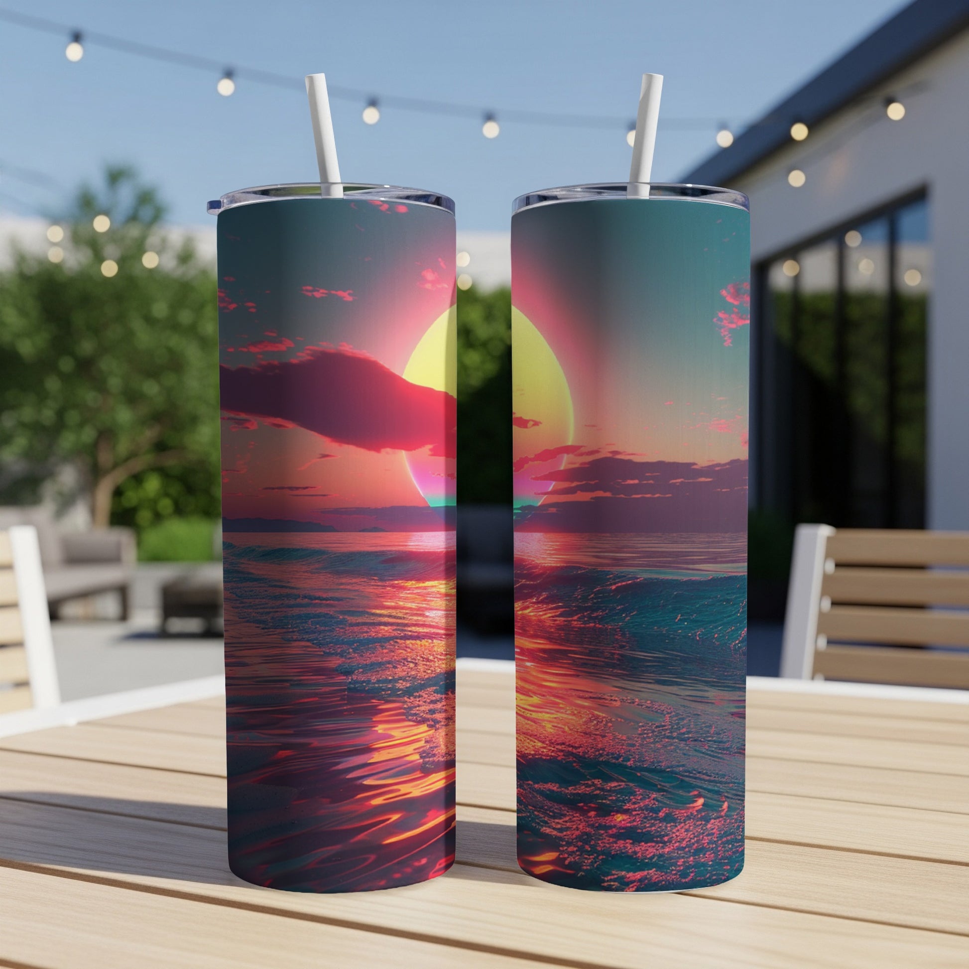 Two tumblers with a sunset ocean design stand on a wooden table.