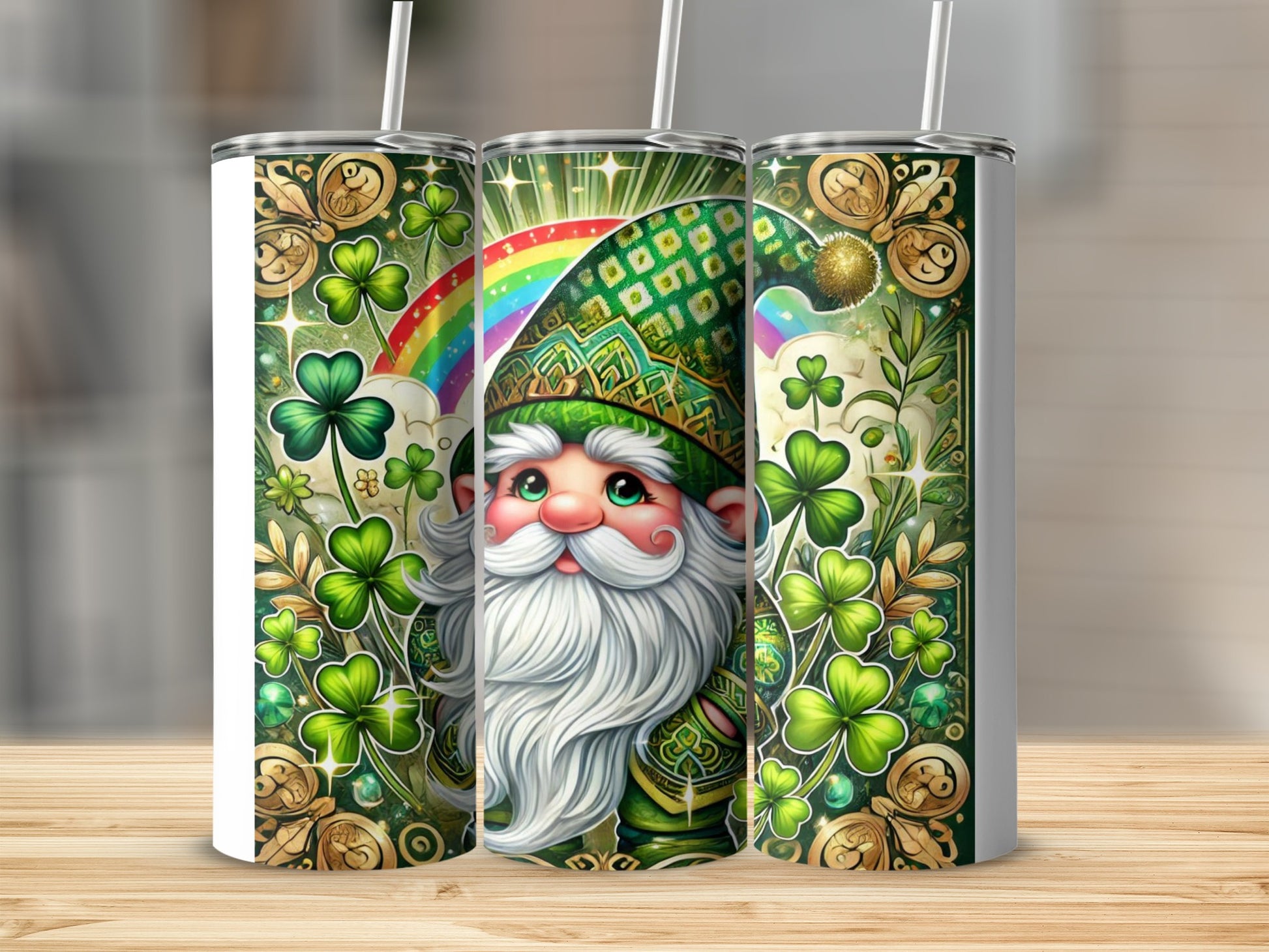 Saint Patrick's Day gnome with rainbow and shamrocks on a tumbler.