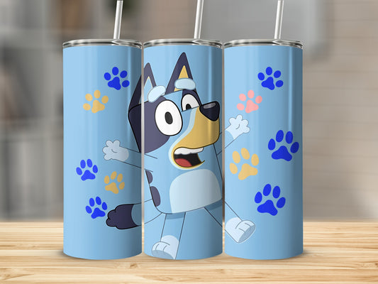 Cartoon Dog Character with Colorful Paw Prints Tumbler