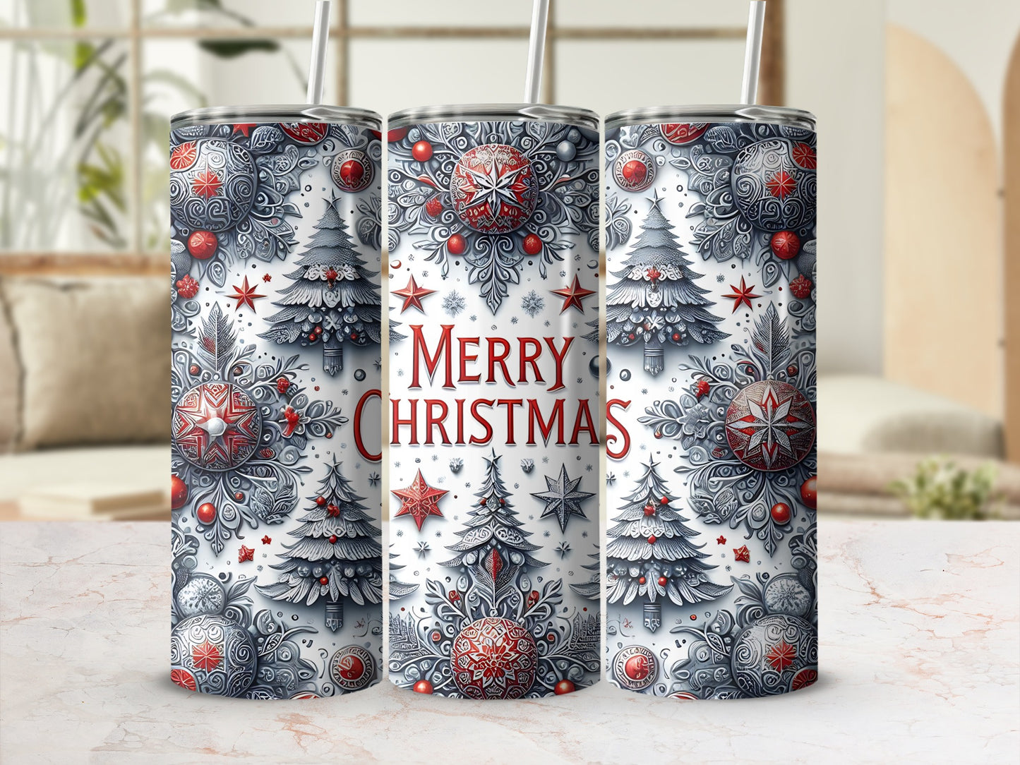 Three tumblers with a Merry Christmas design featuring snowflakes, trees, and stars.