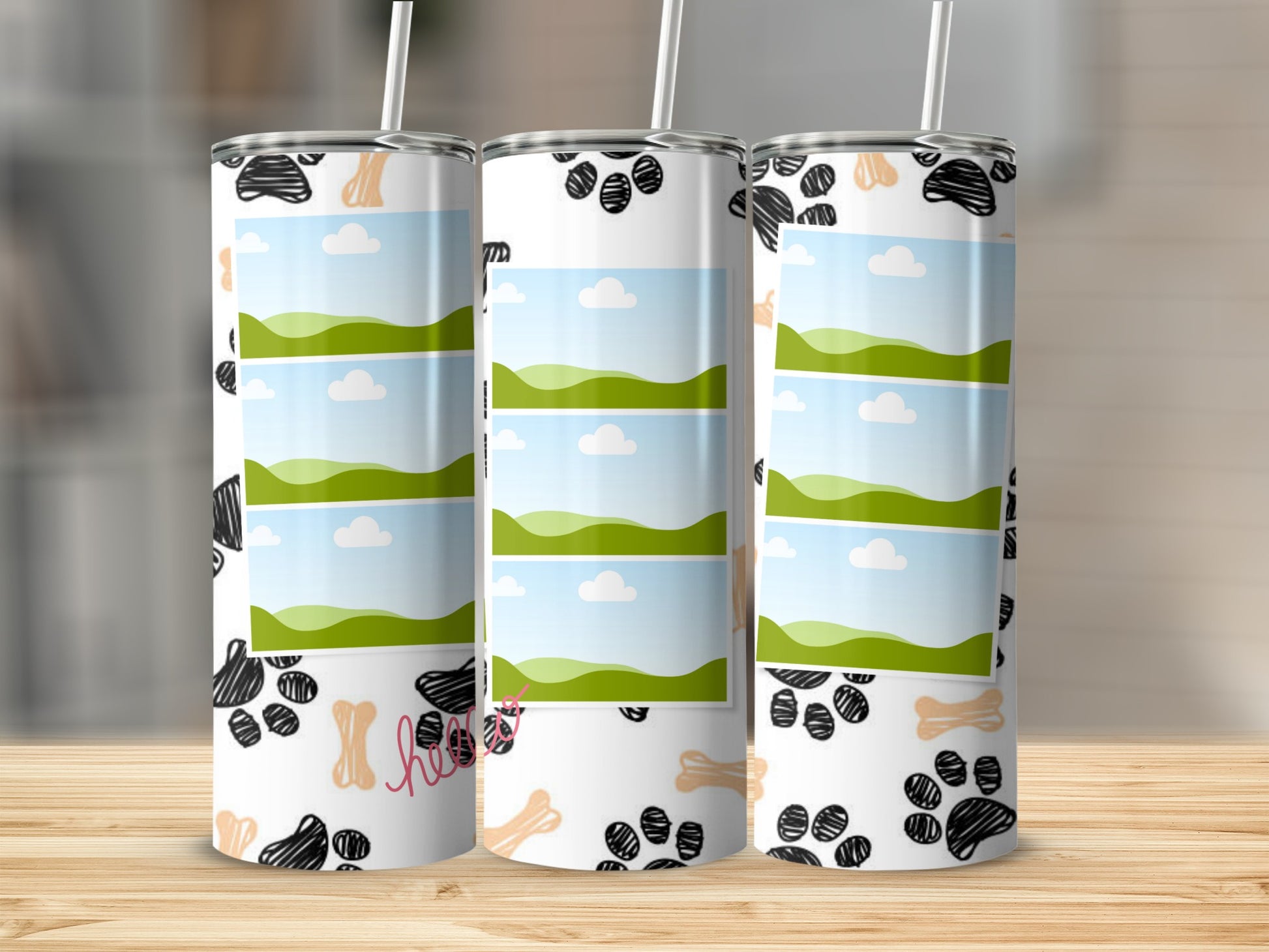 Three tumblers with paw prints, bones, and blank landscape photo placeholders.