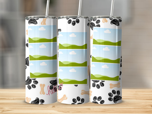 Three tumblers with paw prints, bones, and blank landscape photo placeholders.