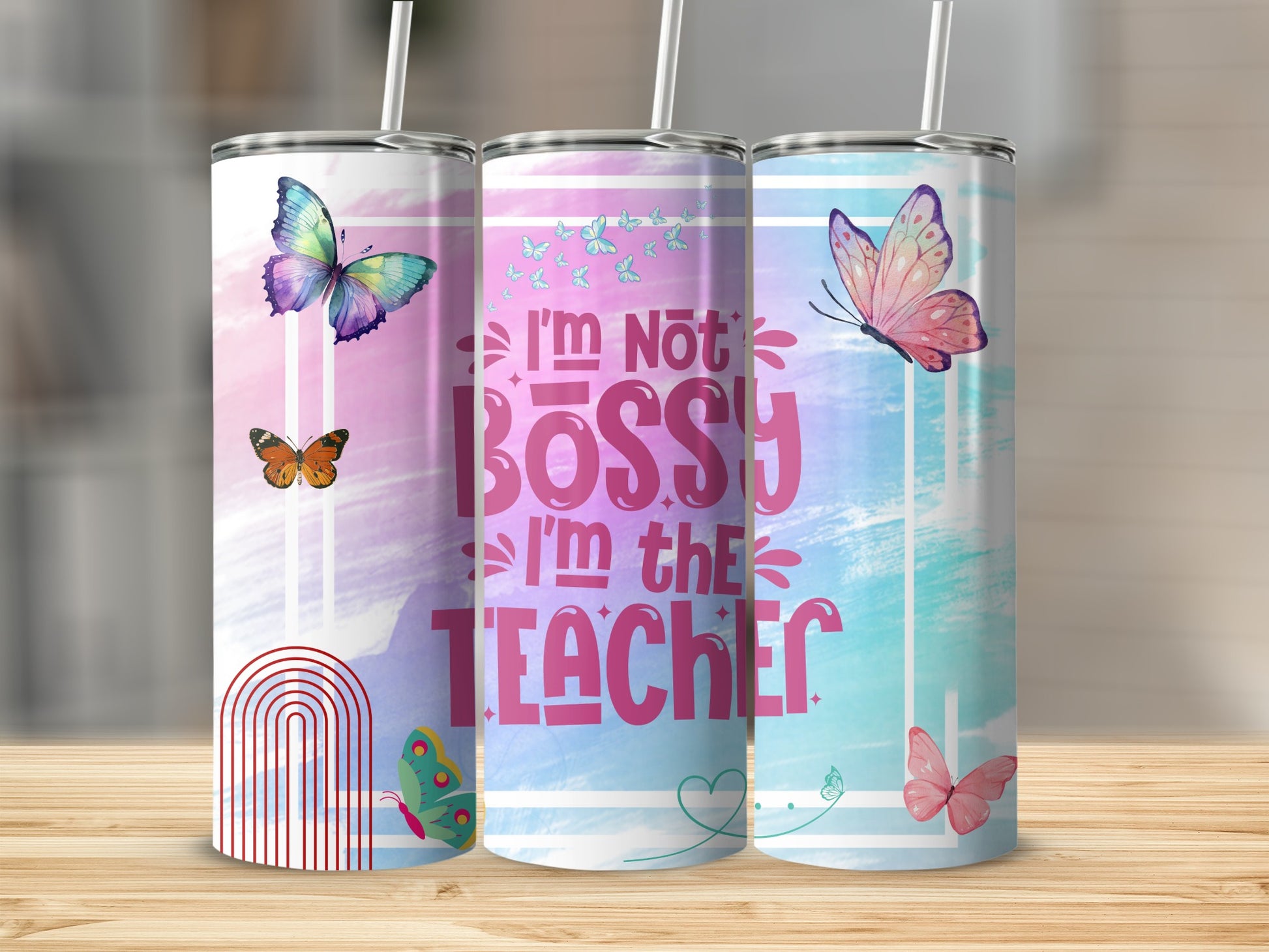 Colorful Butterfly and Teacher Quote Tumbler Design