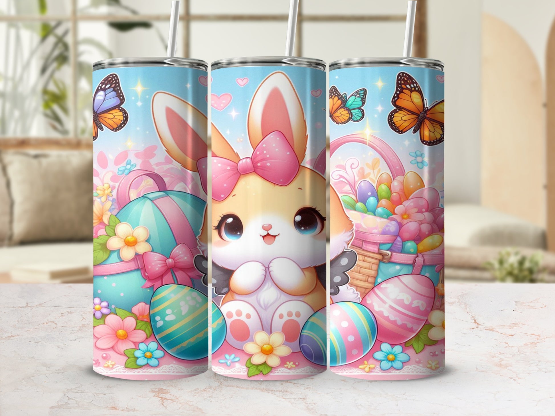 Kawaii bunny with Easter eggs and butterflies on a pastel background.