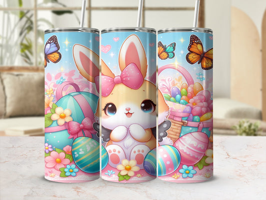 Kawaii bunny with Easter eggs and butterflies on a pastel background.