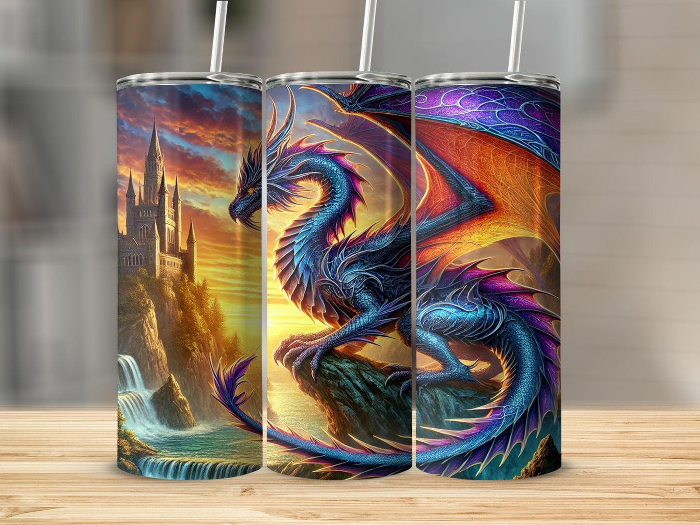 Colorful Dragon and Castle Themed Tumbler Collection