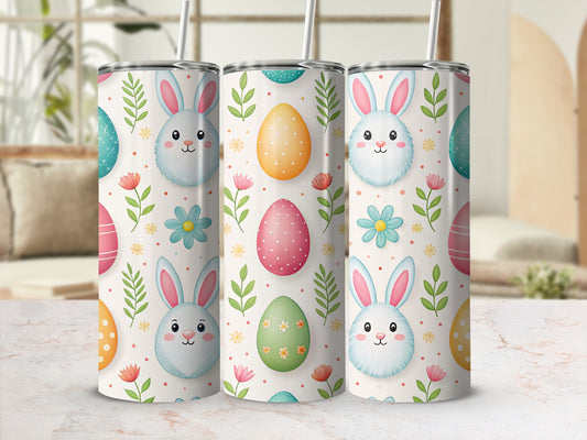 Three Easter-themed tumblers with bunny and egg designs.