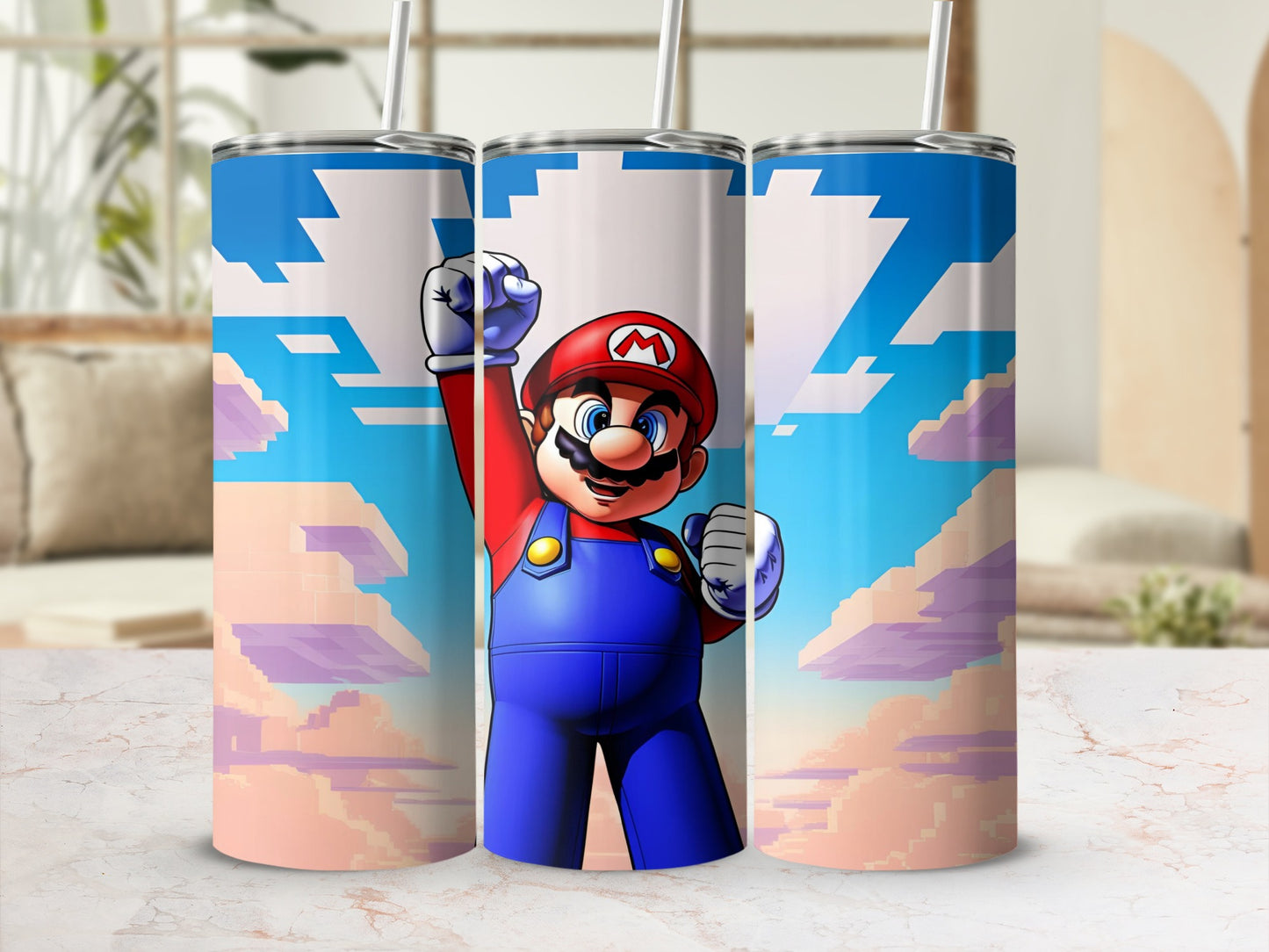Super Mario raising his fist in victory against a pixelated sky background.