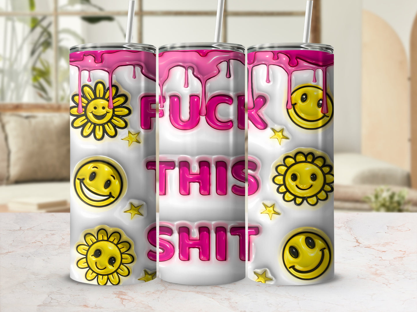 Dripping Pink FUCK THIS SHIT Smiley Face Stars Tumbler product type