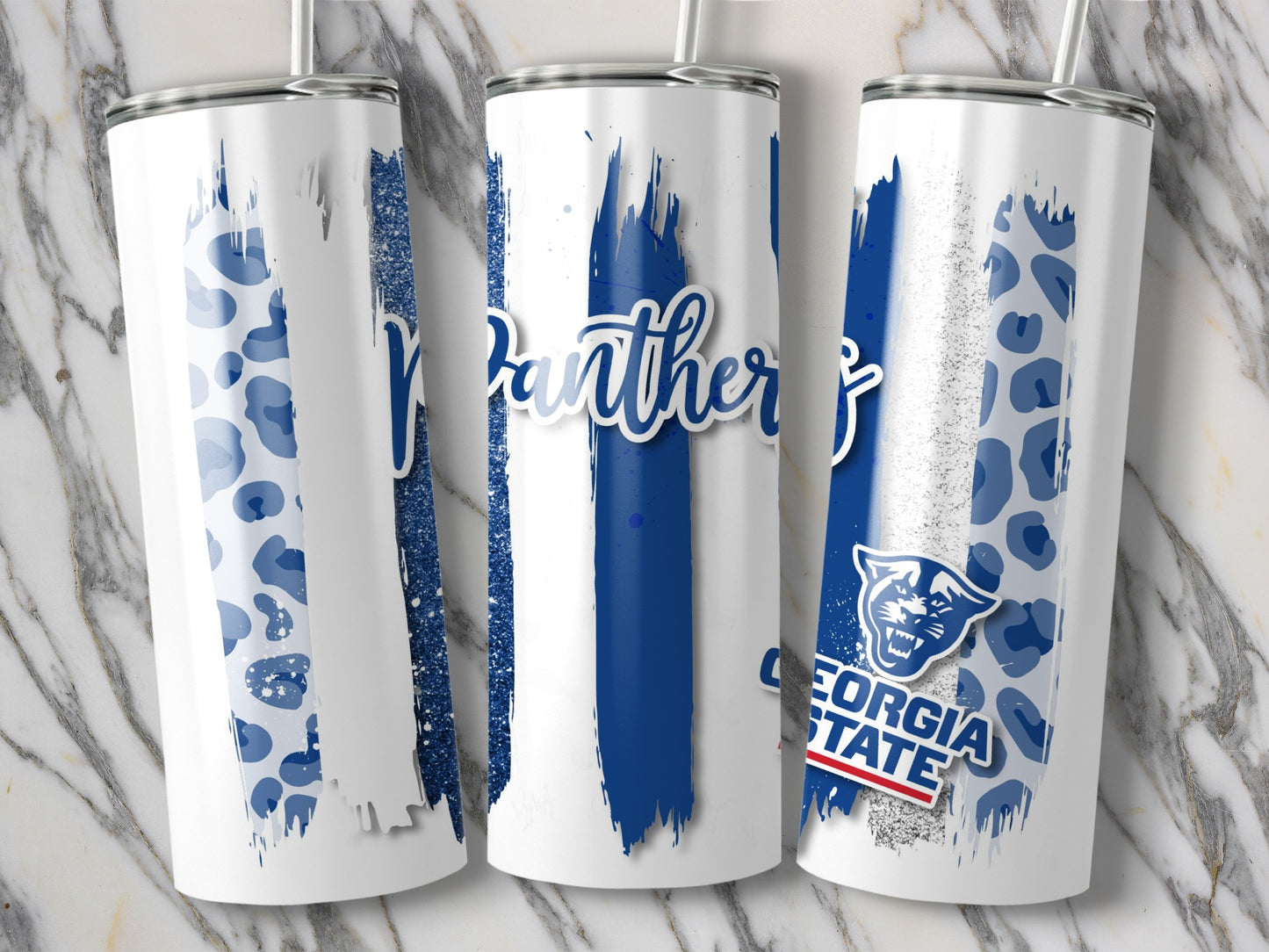 Panthers Georgia State Blue Leopard Print Brush Strokes Tumblers