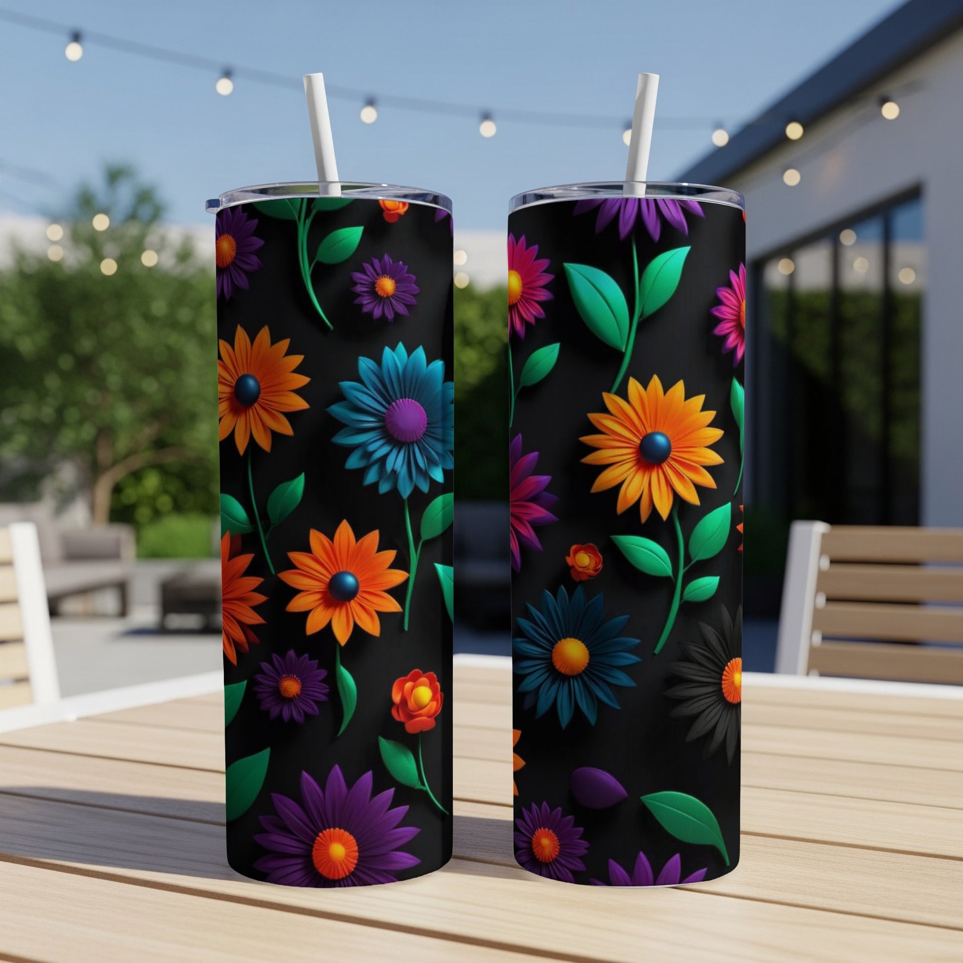 Two black tumblers with vibrant floral designs on an outdoor table.