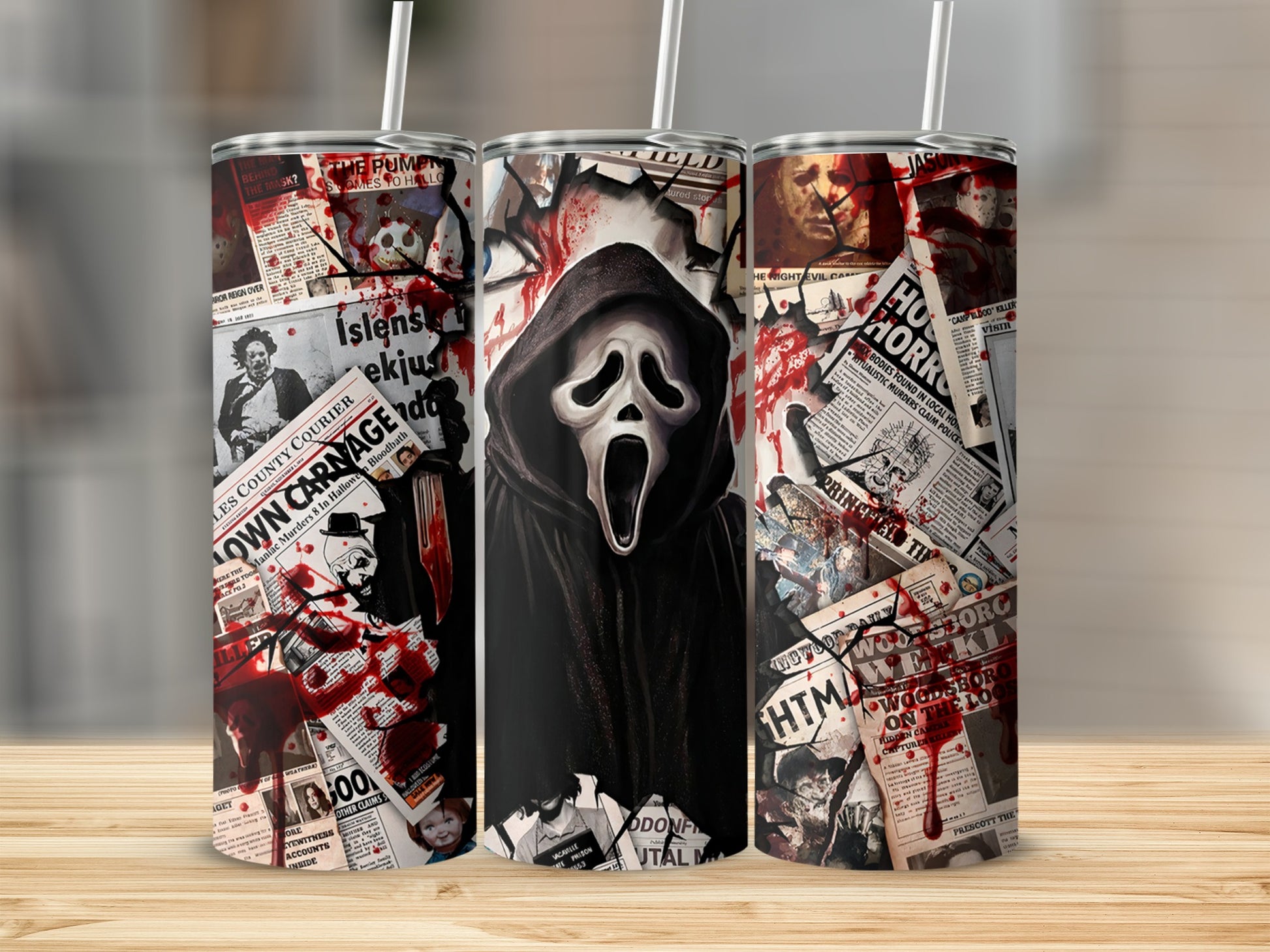 Horror movie icons, newspapers, and blood splatters decorate three tumblers.