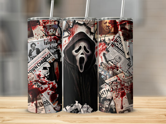 Horror movie icons, newspapers, and blood splatters decorate three tumblers.