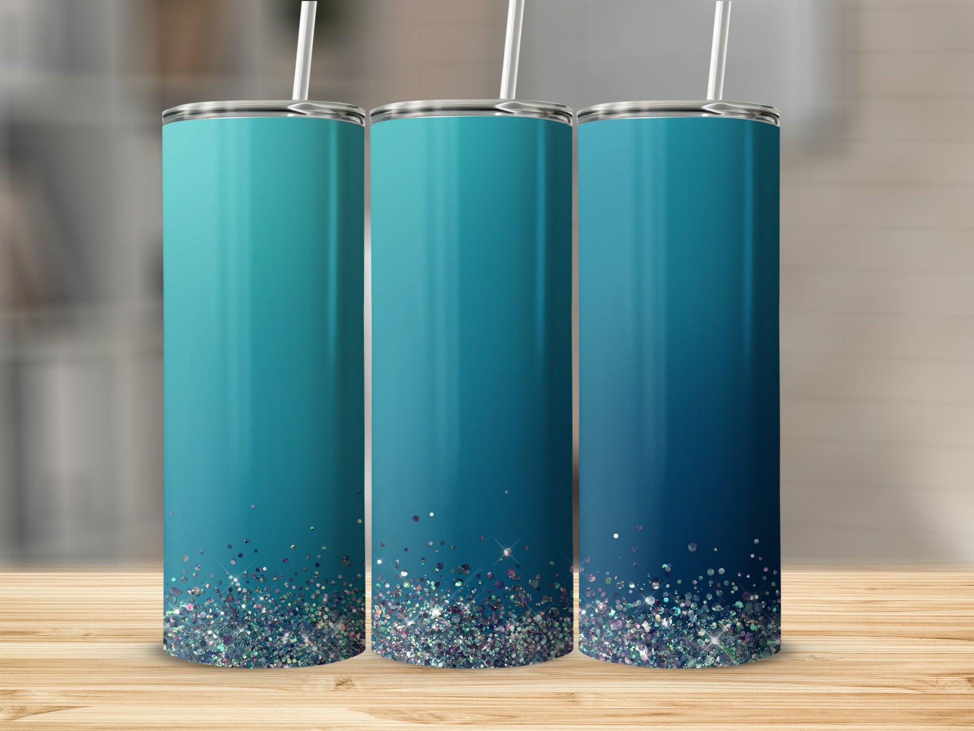Three tumblers with ombre teal to blue gradient and glitter accents.