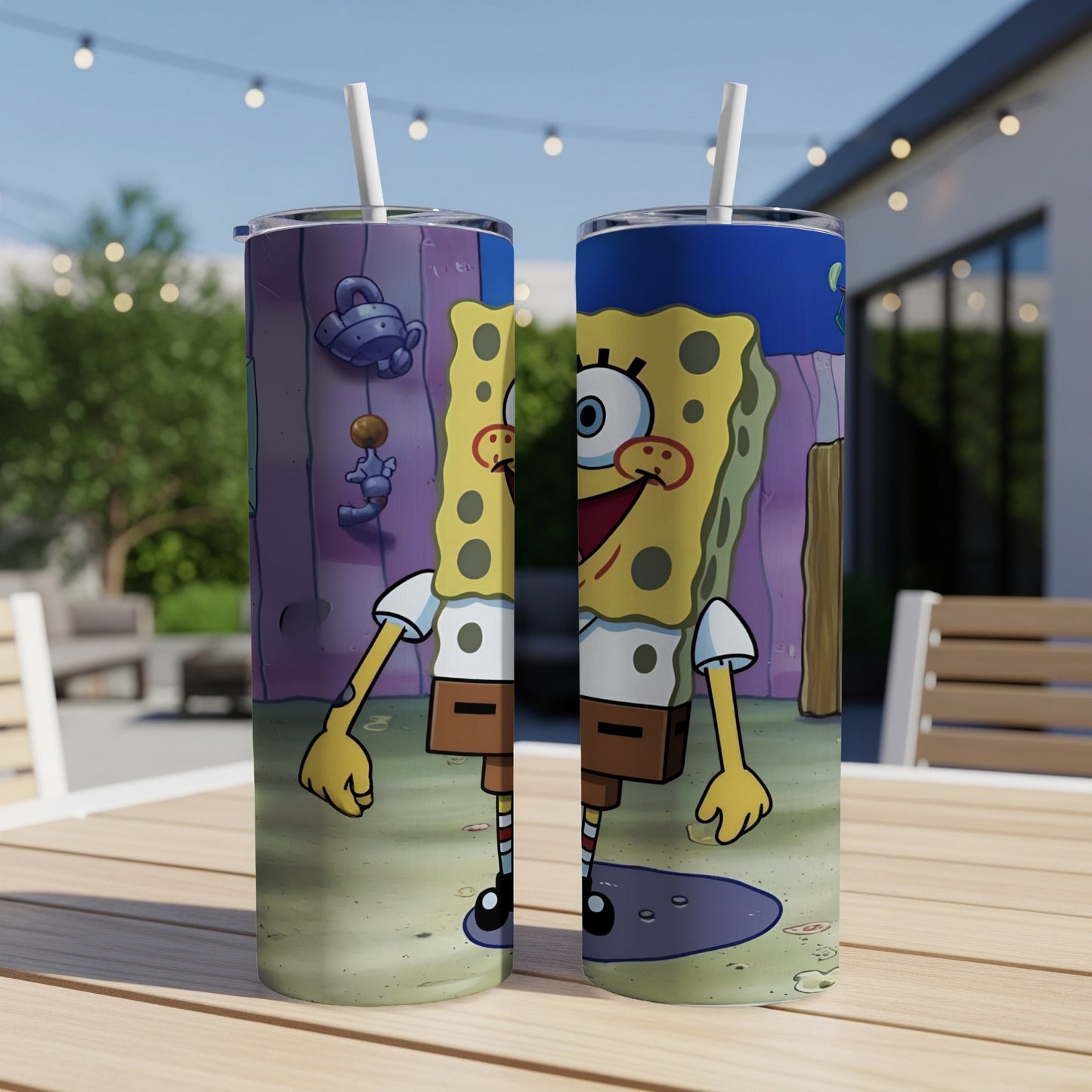 SpongeBob SquarePants cartoon character on a tumbler with a straw.