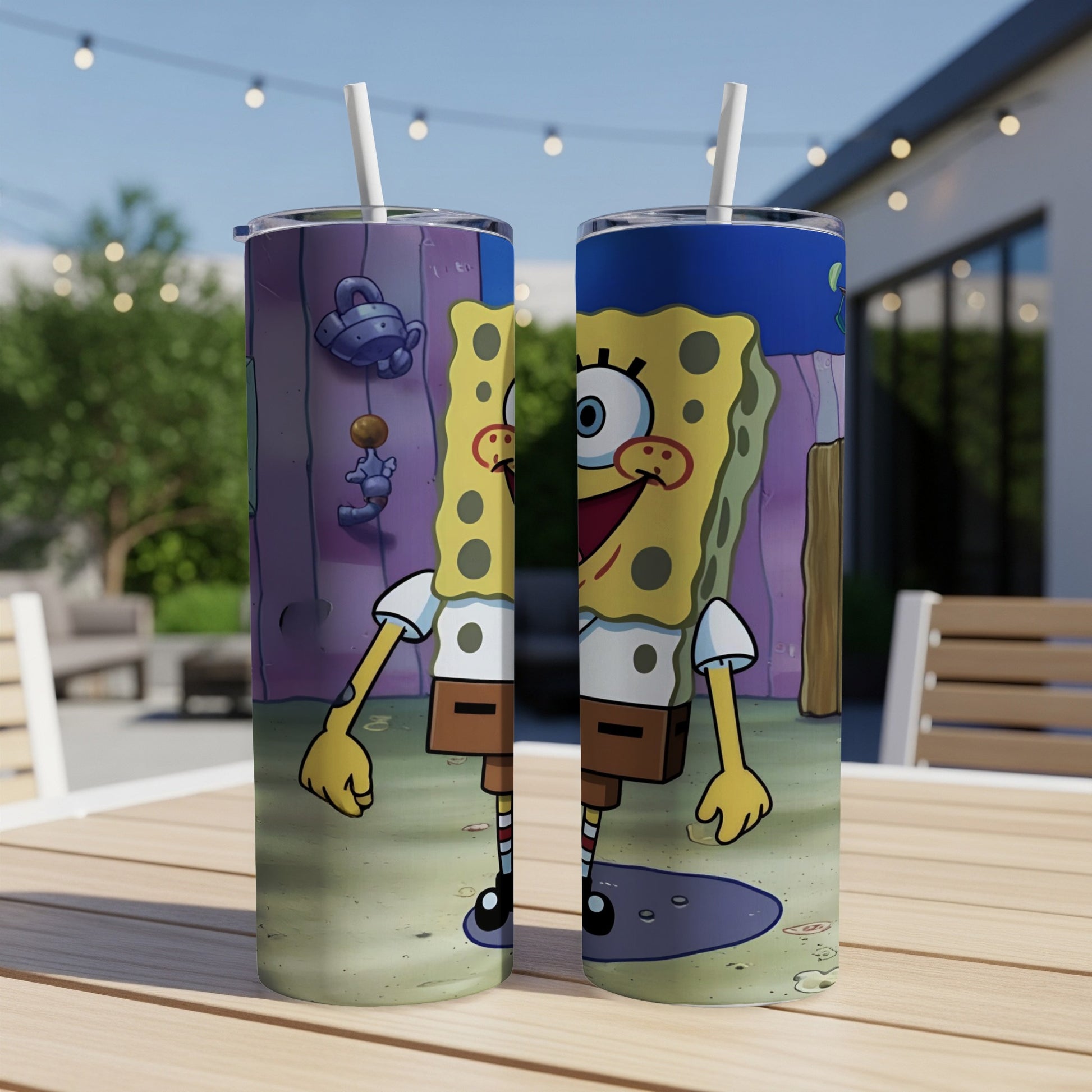 SpongeBob SquarePants cartoon character on a tumbler with a straw.