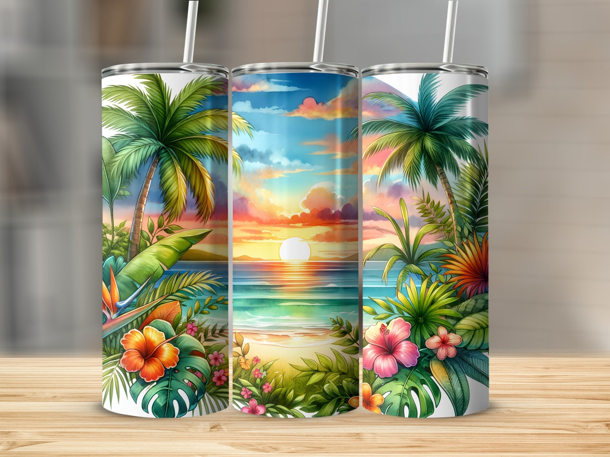Three tumblers with a tropical sunset beach scene and palm trees.