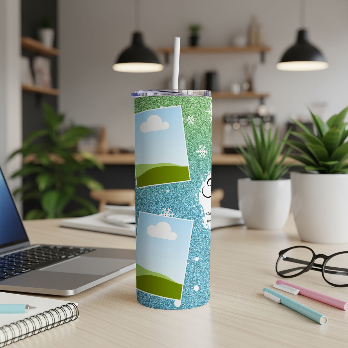 Glitter tumbler with photo placeholders and snowflake design.