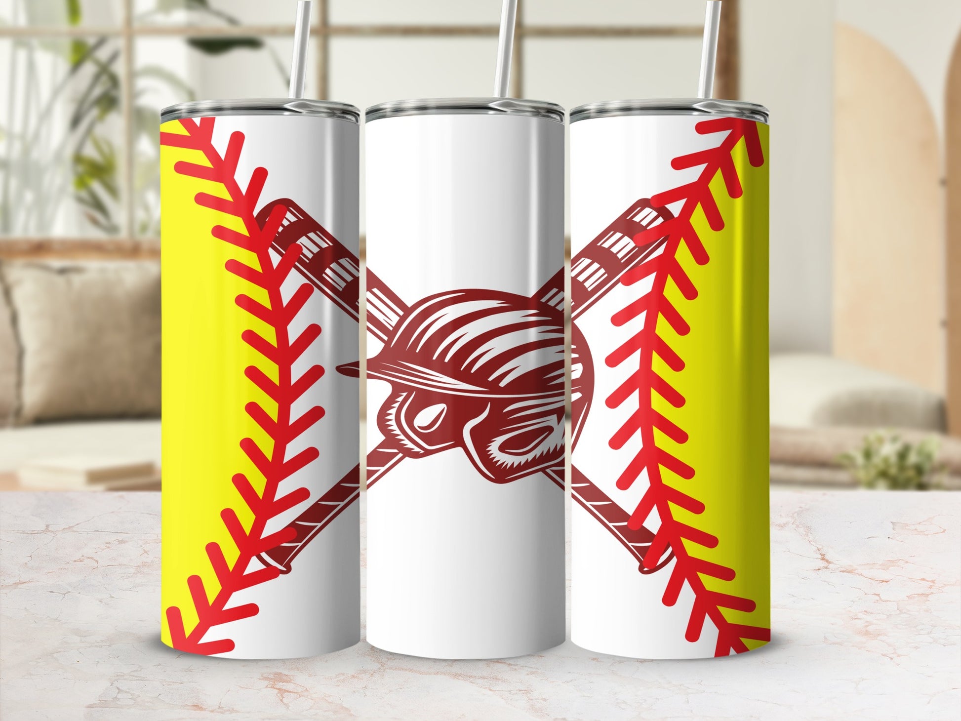 White tumblers with baseball stitching, bats, and helmet graphic.