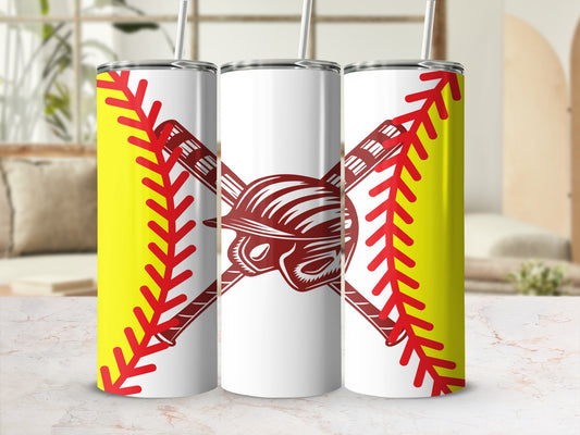 White tumblers with baseball stitching, bats, and helmet graphic.
