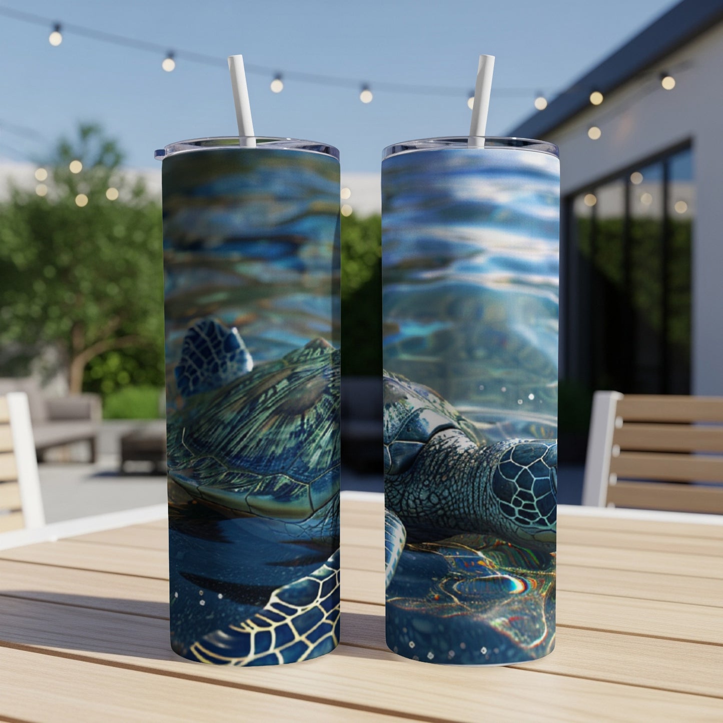 Two tall tumblers featuring a sea turtle swimming underwater.
