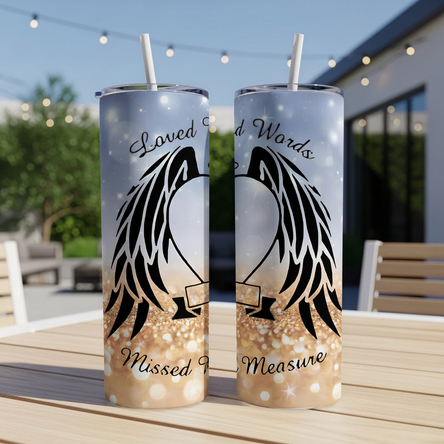 Two tumblers with angel wings, hearts, and text "Loved and Words Missed Beyond Measure."