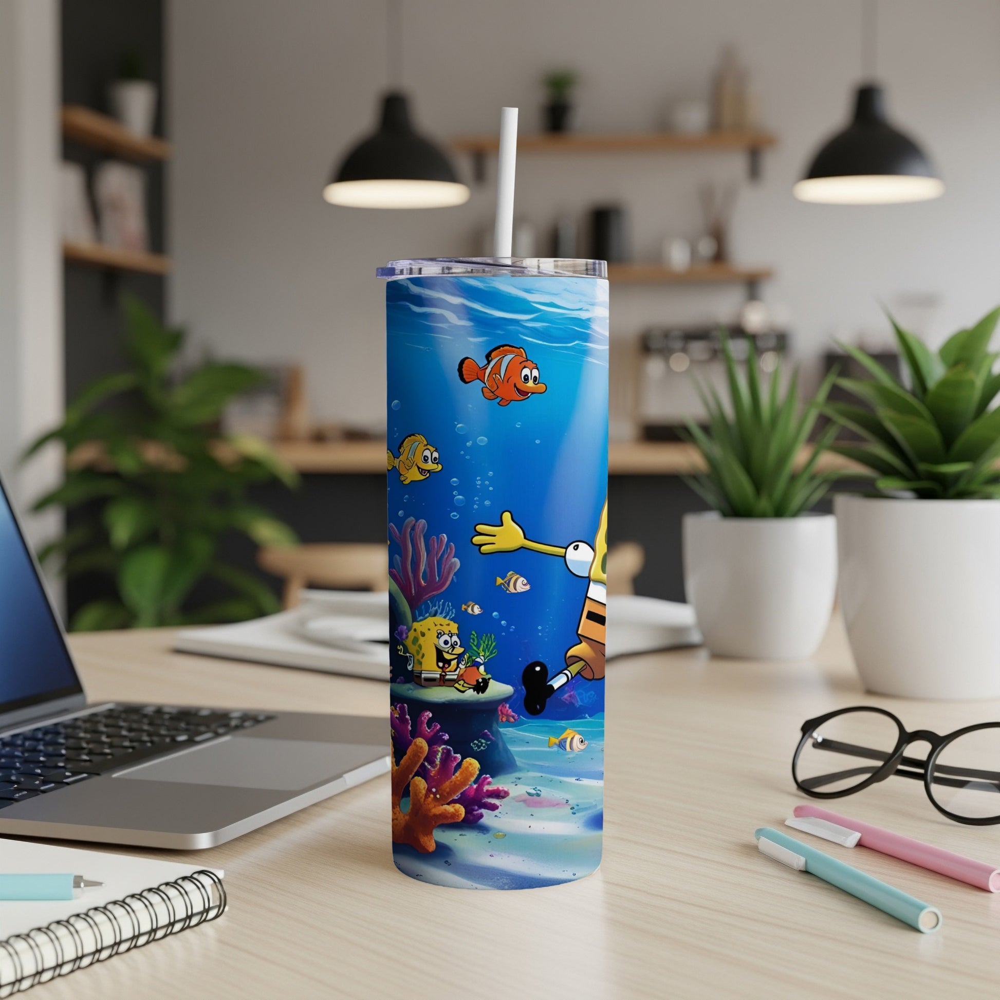 SpongeBob SquarePants characters in an underwater scene on a stainless steel tumbler.