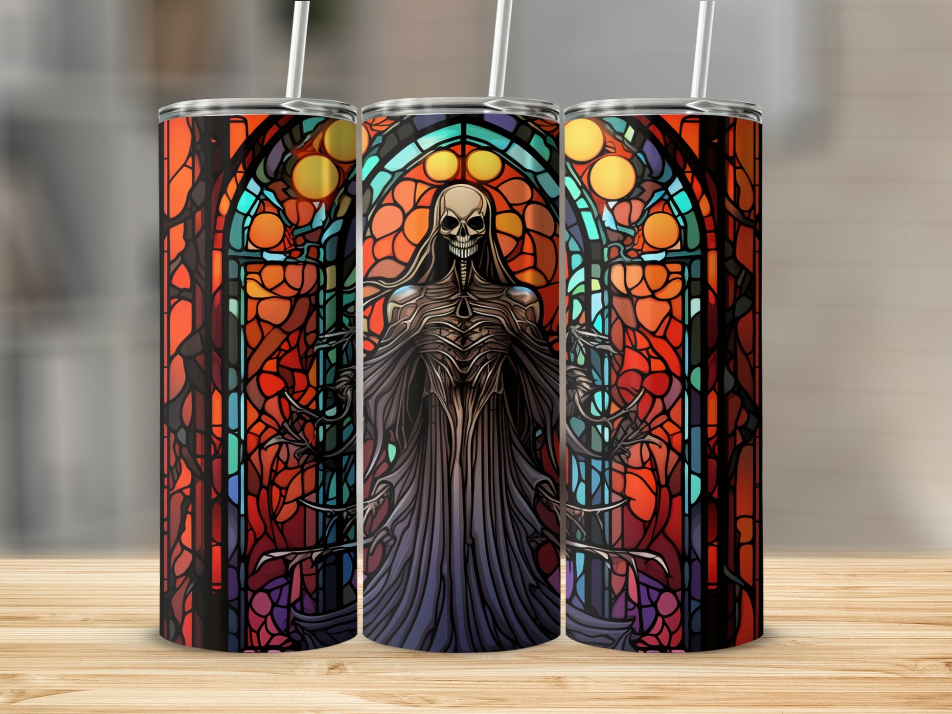 Grim reaper with outstretched arms in stained glass window design tumbler.