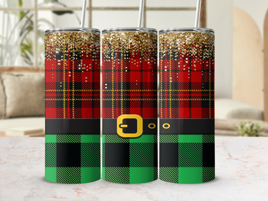 Red and green plaid tumbler with gold glitter accent and belt buckle design.