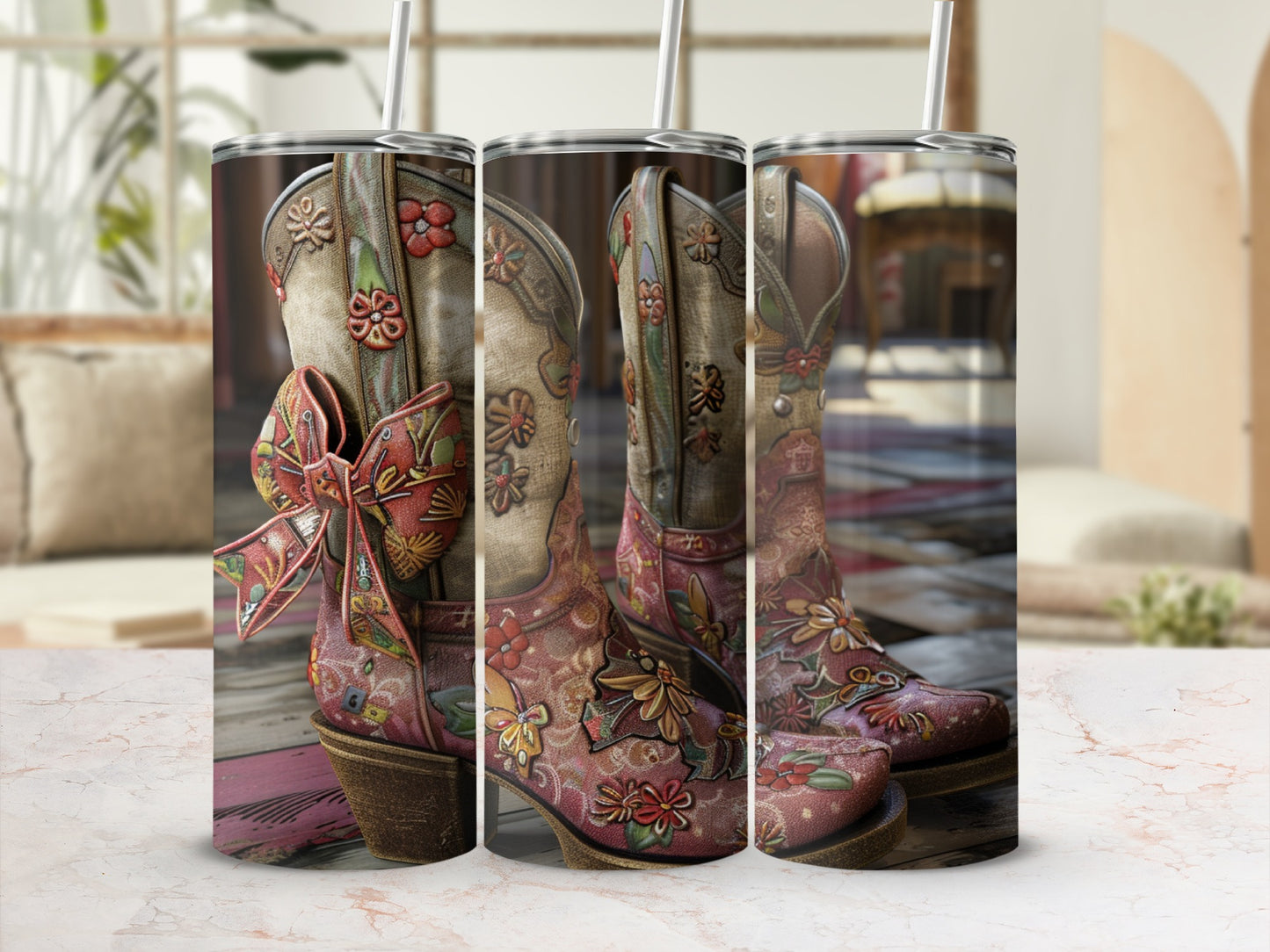 Cowboy boots with floral designs and a red bow, on a wooden surface.
