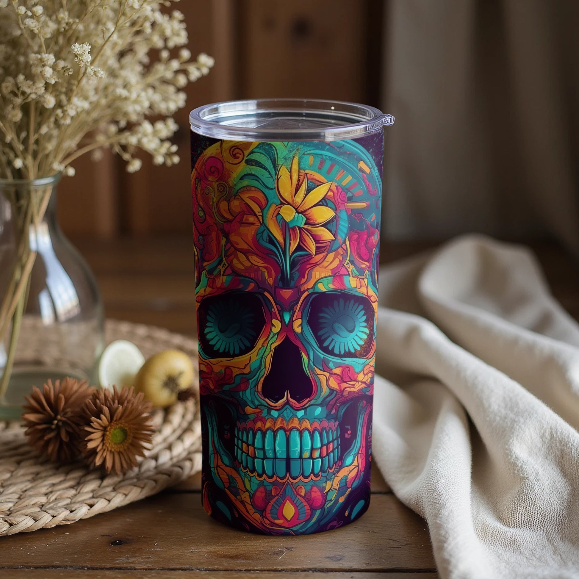 Vibrant Sugar Skull Tumbler with Colorful Design