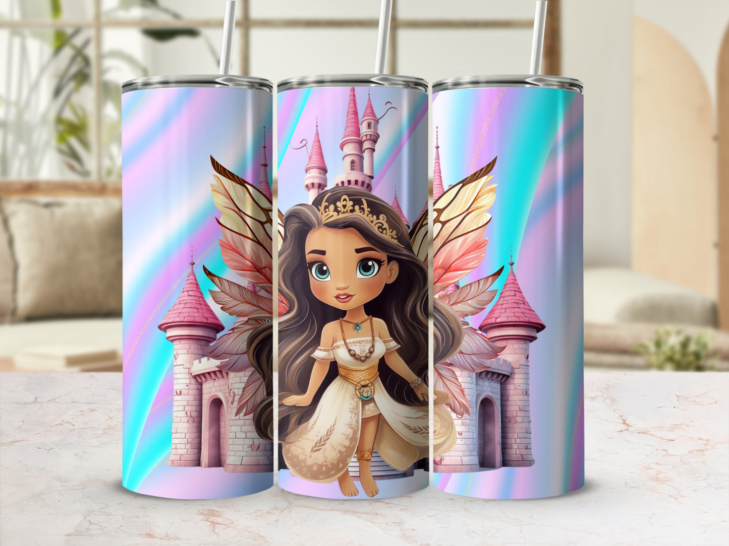 Fairy Princess and Castle Design Tumbler With Straw