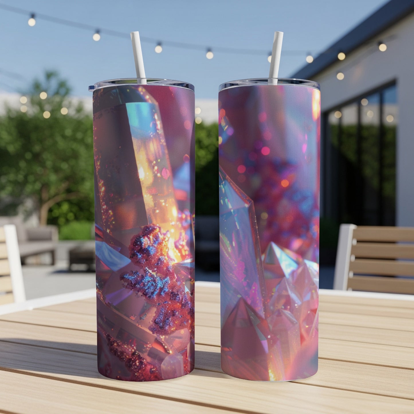 Two tumblers with shimmering crystal and glitter designs on a wooden table outdoors.
