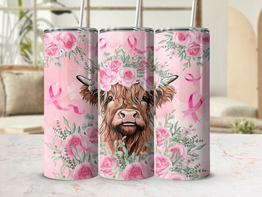 Highland cow with pink flowers and ribbons on a tumbler.