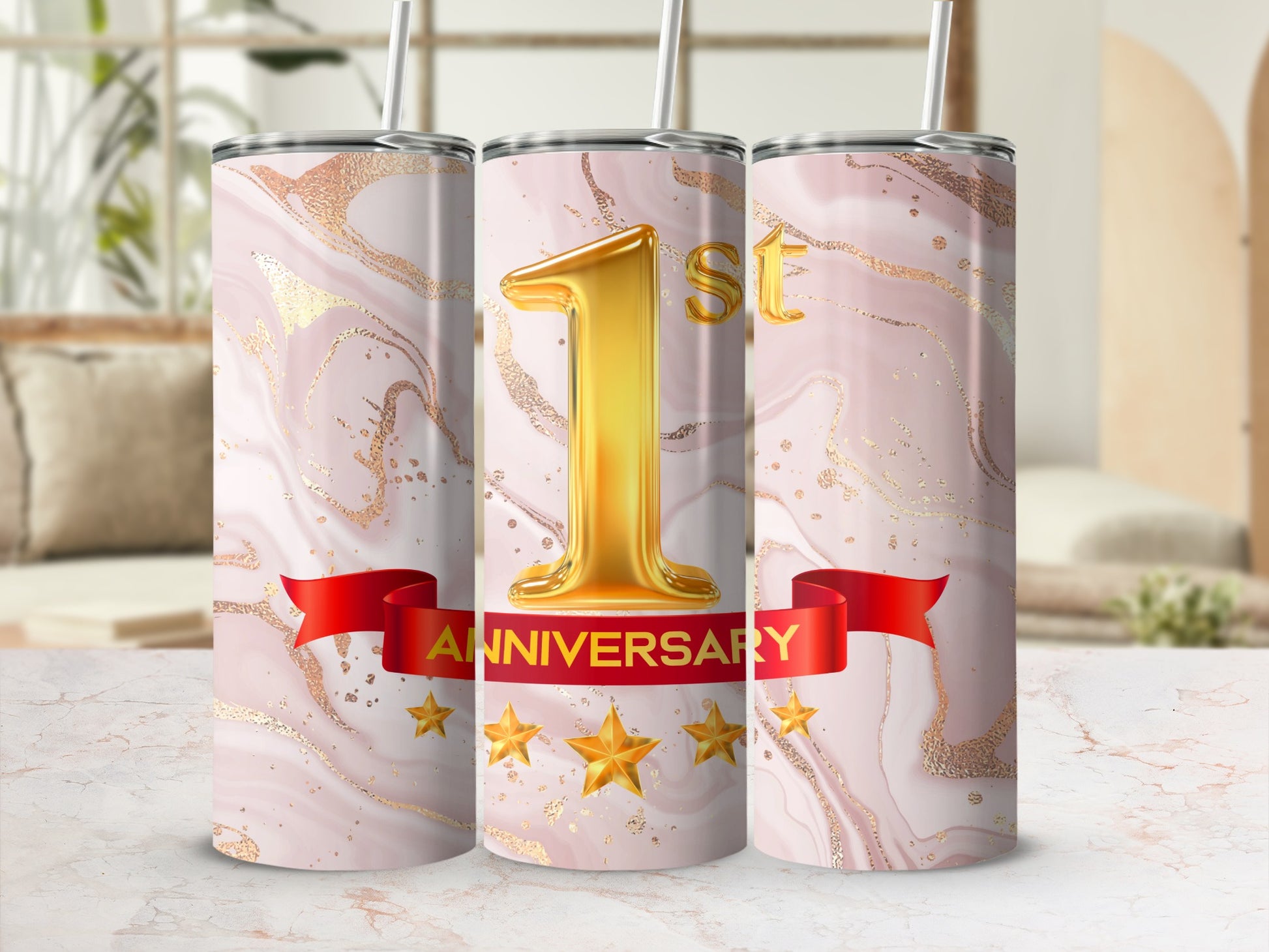 Gold "1st ANNIVERSARY" with stars on a pink marble tumbler.