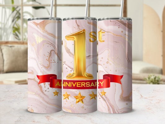 Gold "1st ANNIVERSARY" with stars on a pink marble tumbler.