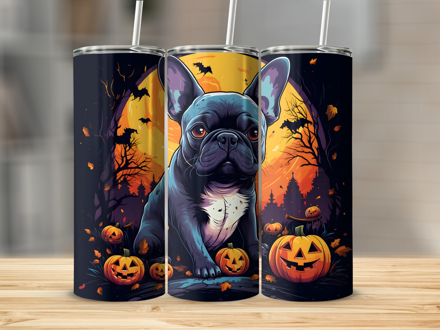 French bulldog in a Halloween scene with pumpkins and bats on three tumblers.