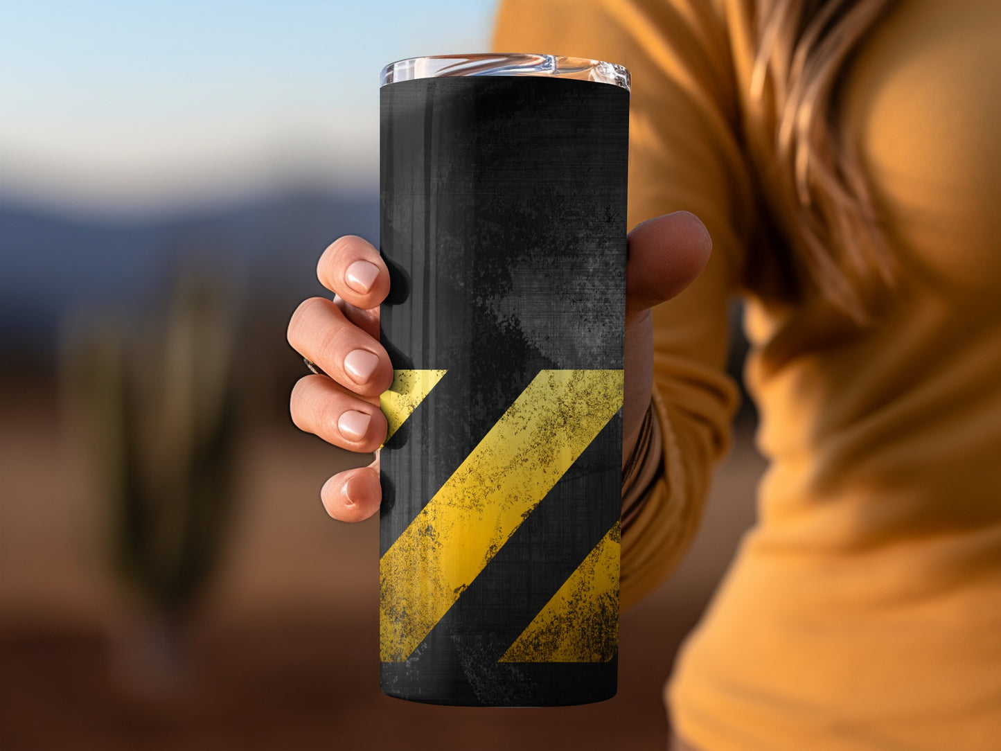 Black Brushed Metal Yellow Caution Stripes Design Tumblers