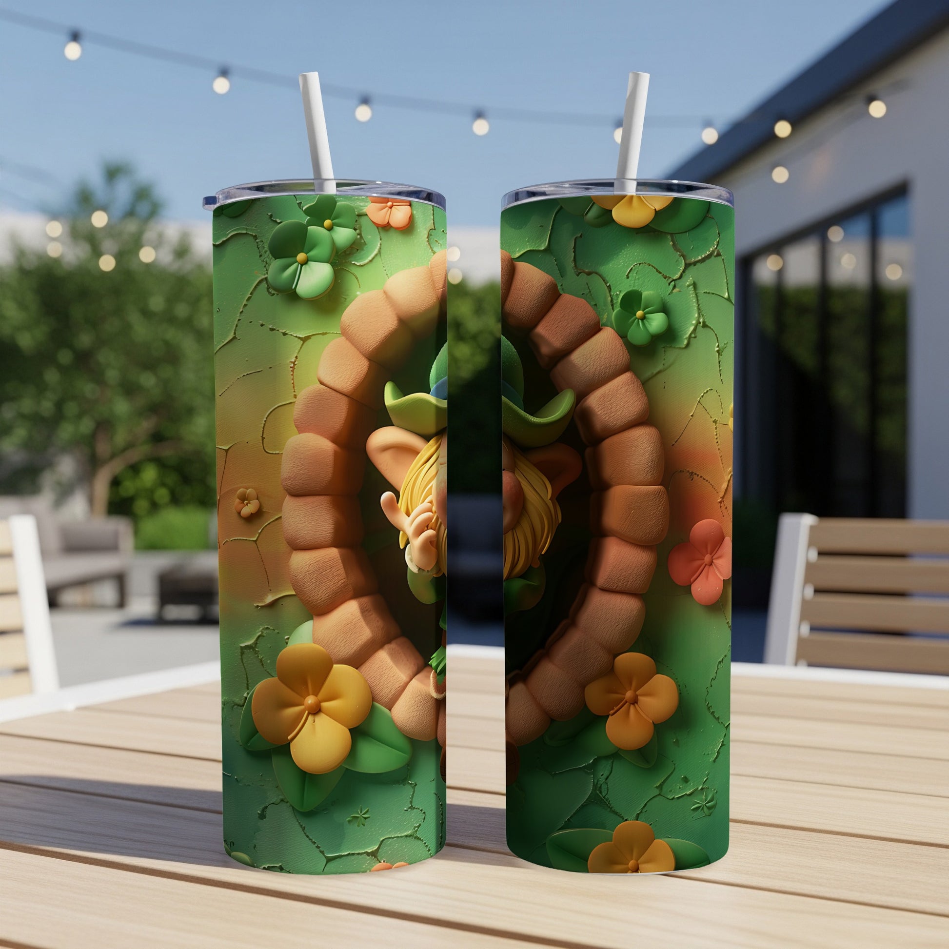 St. Patrick's Day tumbler with a leprechaun peeking through an oval floral frame.