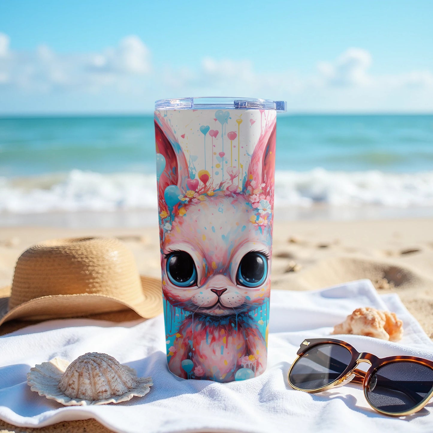 Big Eyed Bunny Hearts Flowers Colorful Beach Design Tumbler product type
Tumbler, Bunny, Rabbit, Big Eyes, Colorful, Watercolor, Hearts, Flowers, Cute Animal, Artistic Design, Drinkware, Beach Life, Summer Accessory, Unique Print, Gift Idea, Adorable Character, Splash Art, Travel Mug, Vacation Vibes, Kawaii Style