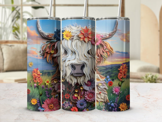 Highland cow with floral headdress and wildflowers, on a tumbler.