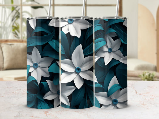 White and teal floral pattern on a 20oz skinny tumbler.