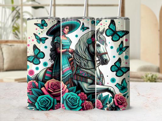 Two colorful tumblers with a woman on a horse, surrounded by butterflies and roses.