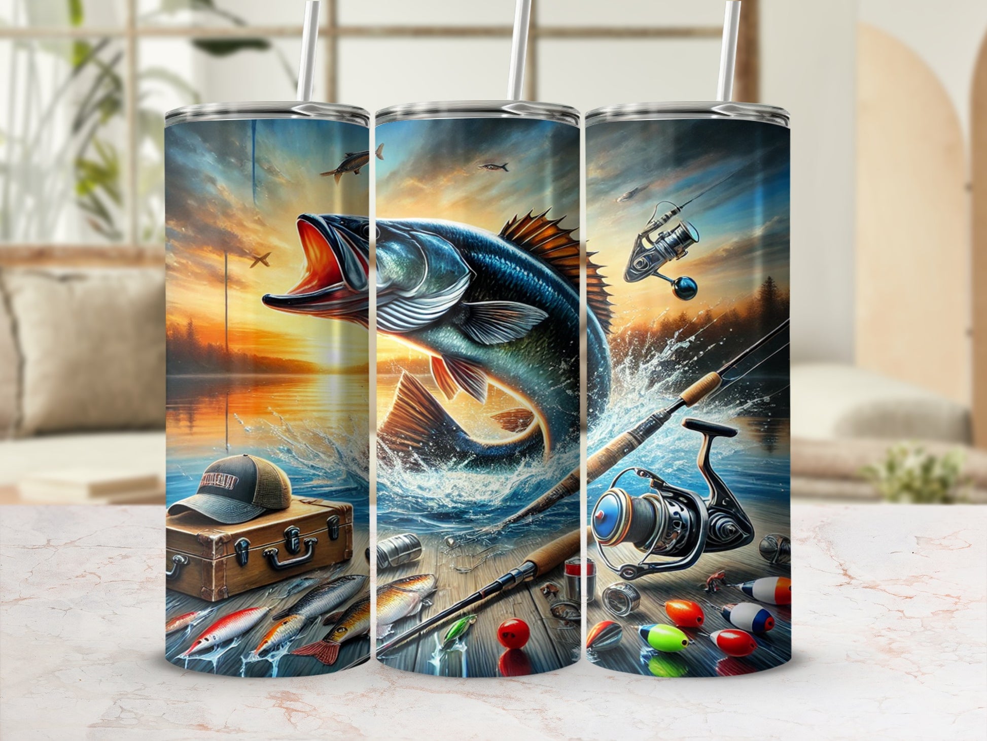 Fishing Tackle Art with Bass Fish Stainless Steel Tumbler