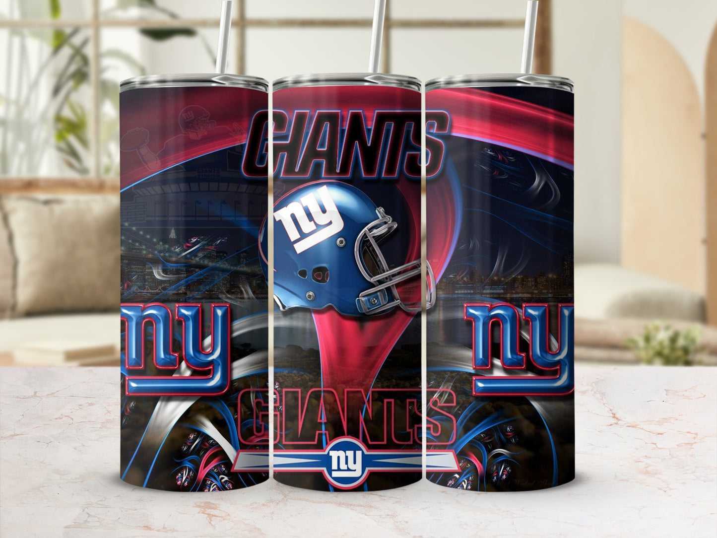 New York Giants tumbler with stadium, helmet, and team logos.