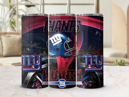 New York Giants tumbler with stadium, helmet, and team logos.