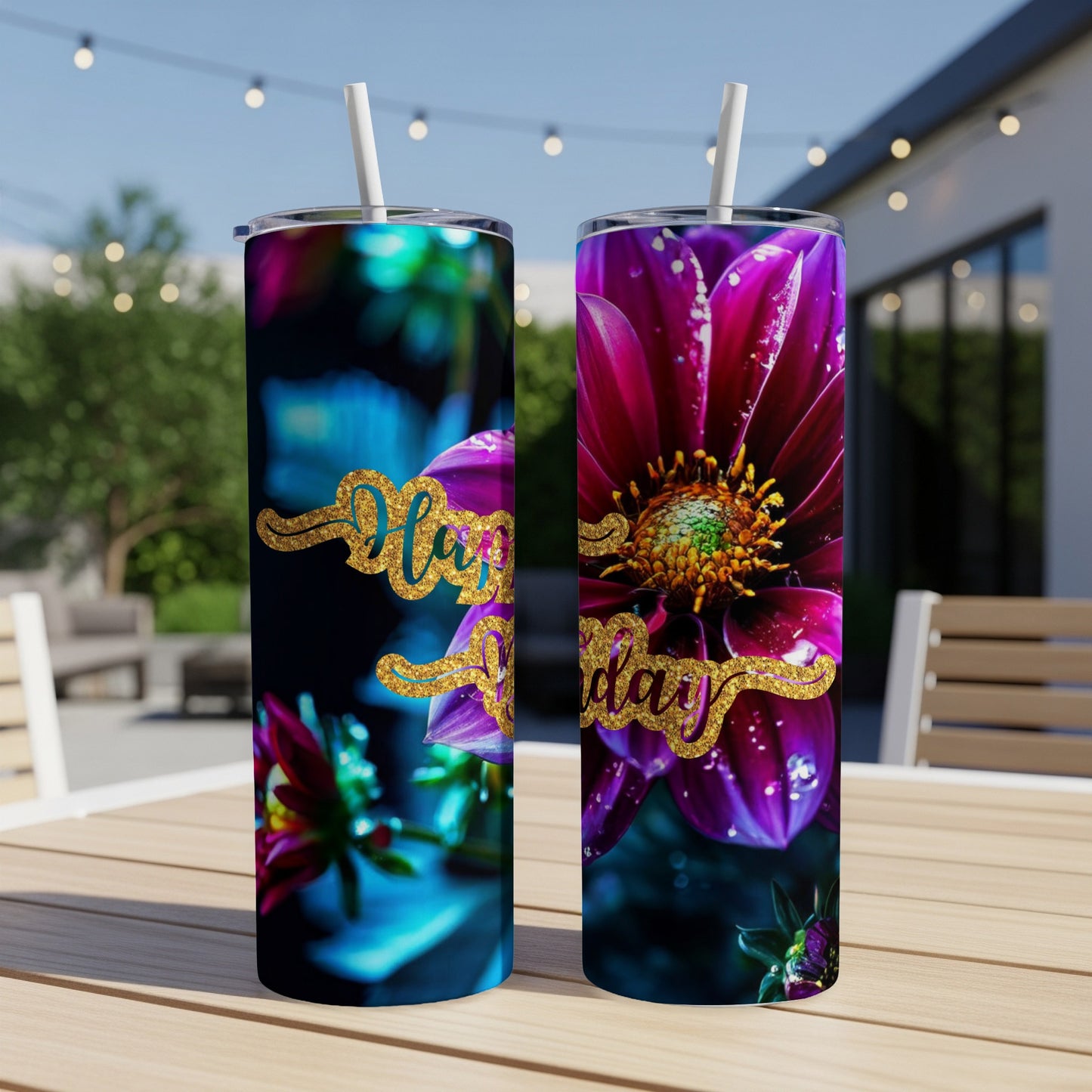 Two tumblers with a close-up of a purple dahlia flower and "Happy Birthday" text.